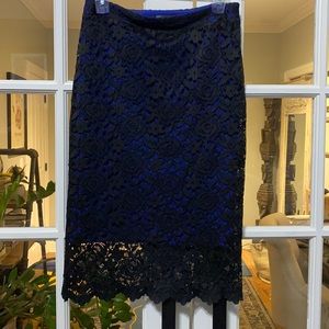 TOPSHOP pencil skirt, electric blue with black lace overlay, size US 6,UK10,EU38